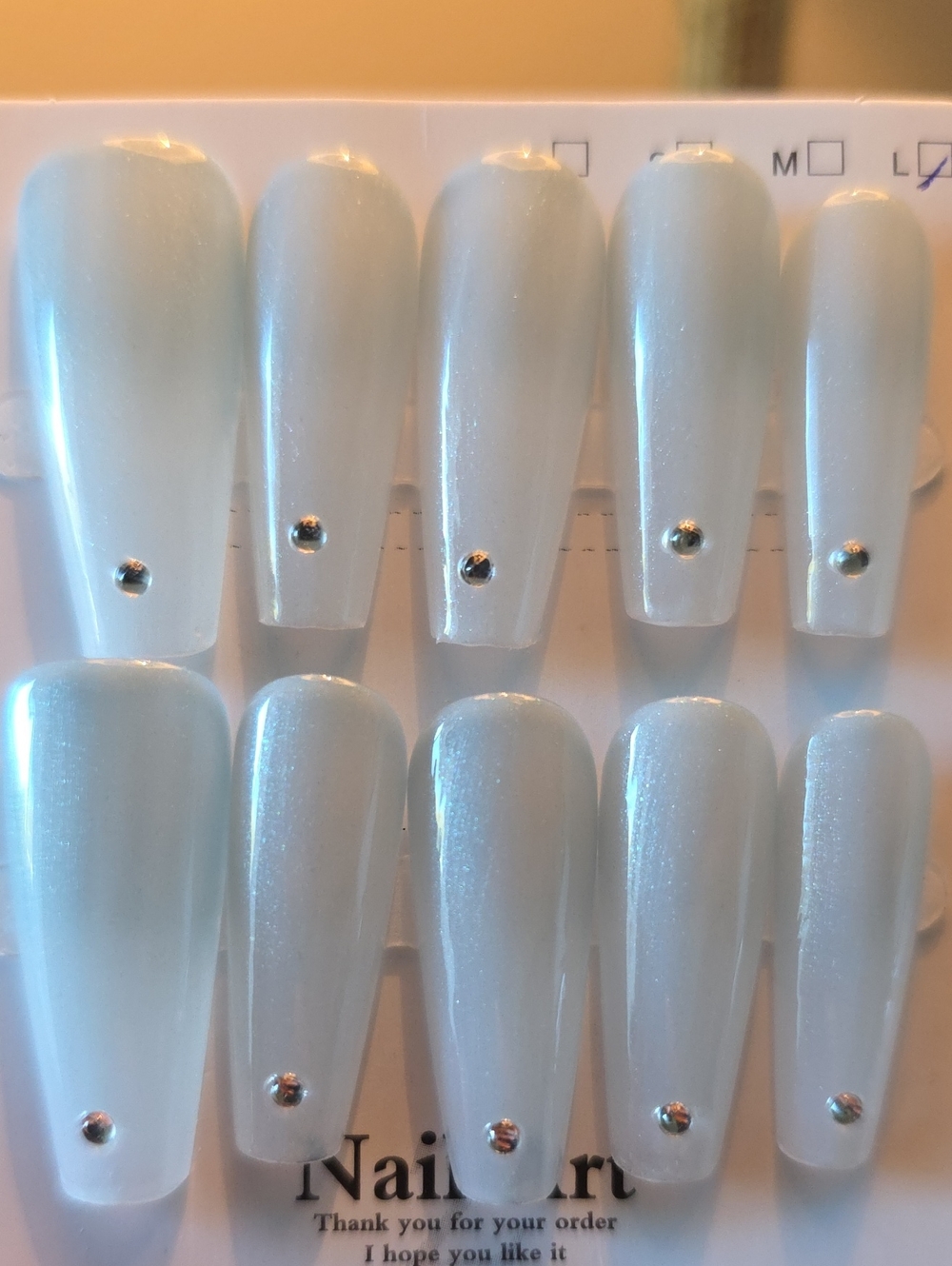 Press-On Nail Set in Pearl White with Silver/ Blue Studs Size Large